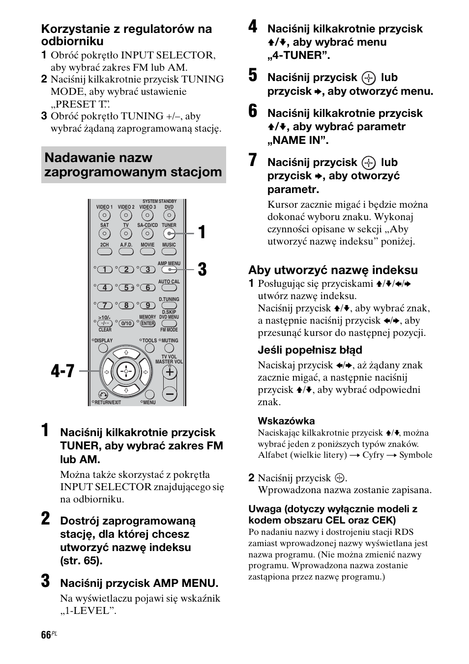 Nadawanie nazw zaprogramowanym stacjom, Korzystanie z regulatorów na odbiorniku, Aby utworzyć nazwę indeksu | Naciśnij przycisk amp menu, Jeśli popełnisz błąd | Sony STR-DG710 User Manual | Page 146 / 168