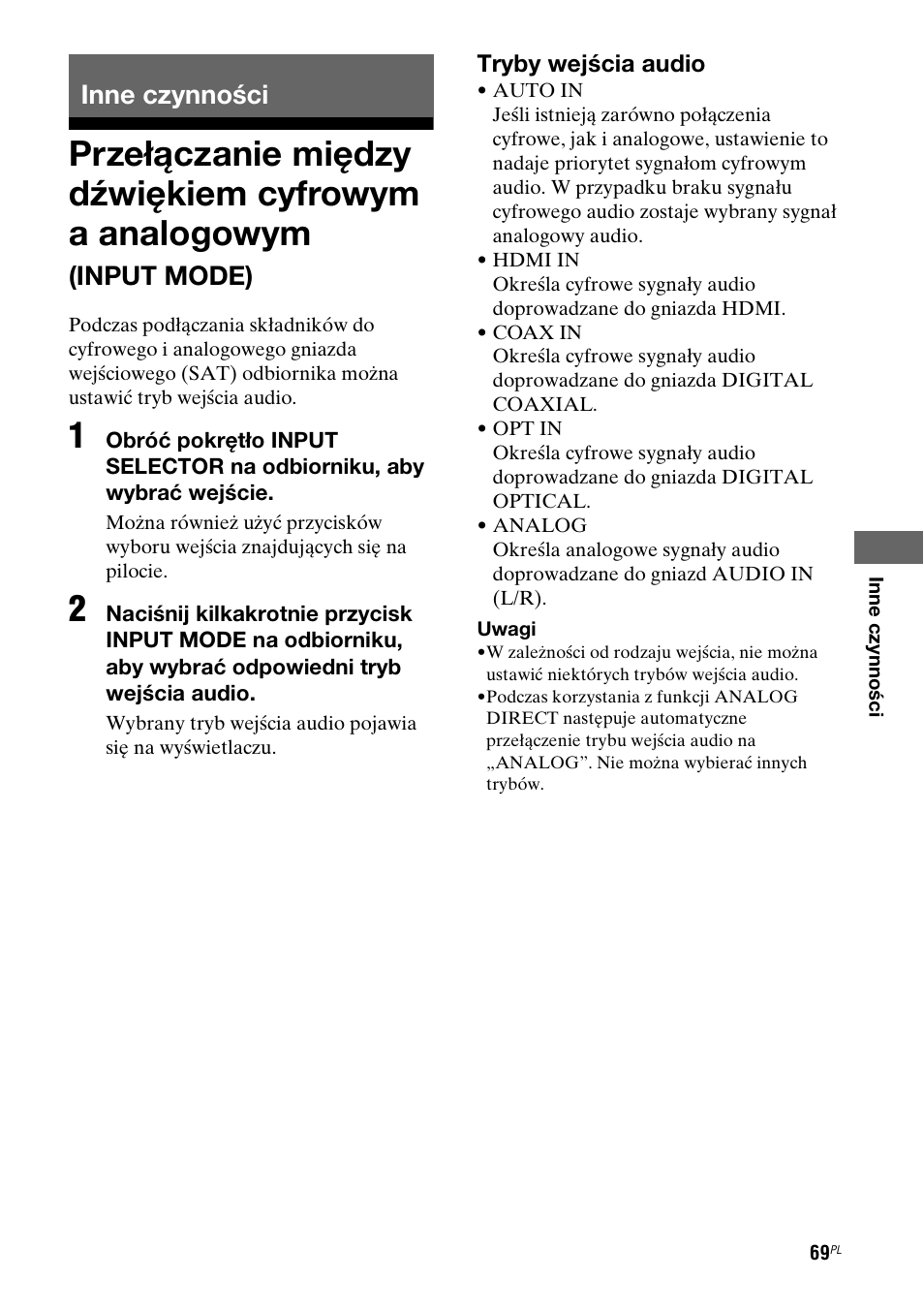 Inne czynnoœci, Inne czynności, Przełączanie między dźwiękiem cyfrowym | A analogowym (input mode), Input mode) | Sony STR-DG710 User Manual | Page 149 / 168
