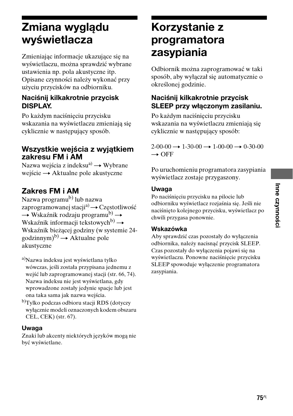 Zmiana wygl¶du wyœwietlacza, Korzystanie z programatora zasypiania, Zmiana wyglądu wyświetlacza | Wszystkie wejścia z wyjątkiem zakresu fm i am, Zakres fm i am | Sony STR-DG710 User Manual | Page 155 / 168