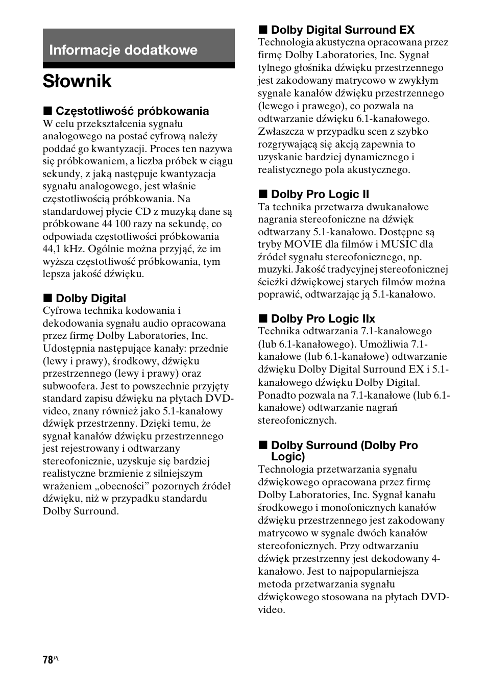 Informacje dodatkowe, S¸ownik, Słownik | Sony STR-DG710 User Manual | Page 158 / 168