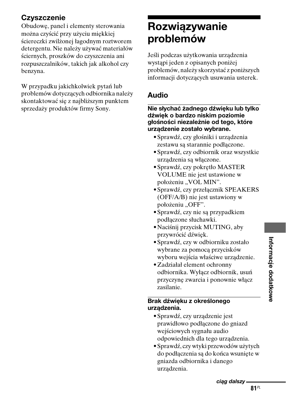 Rozwi¶zywanie problemów, Rozwiązywanie problemów, Czyszczenie | Audio | Sony STR-DG710 User Manual | Page 161 / 168
