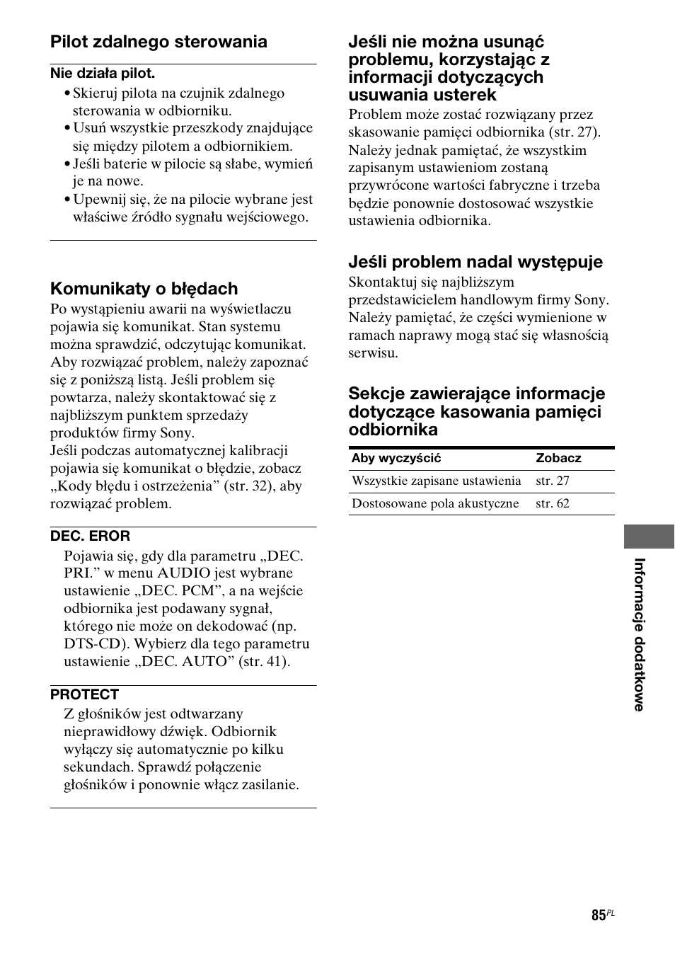 Pilot zdalnego sterowania, Komunikaty o błędach, Jeśli problem nadal występuje | Sony STR-DG710 User Manual | Page 165 / 168