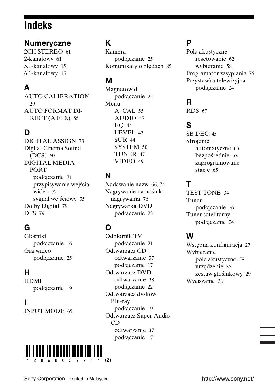 Indeks, Numeryczne | Sony STR-DG710 User Manual | Page 168 / 168