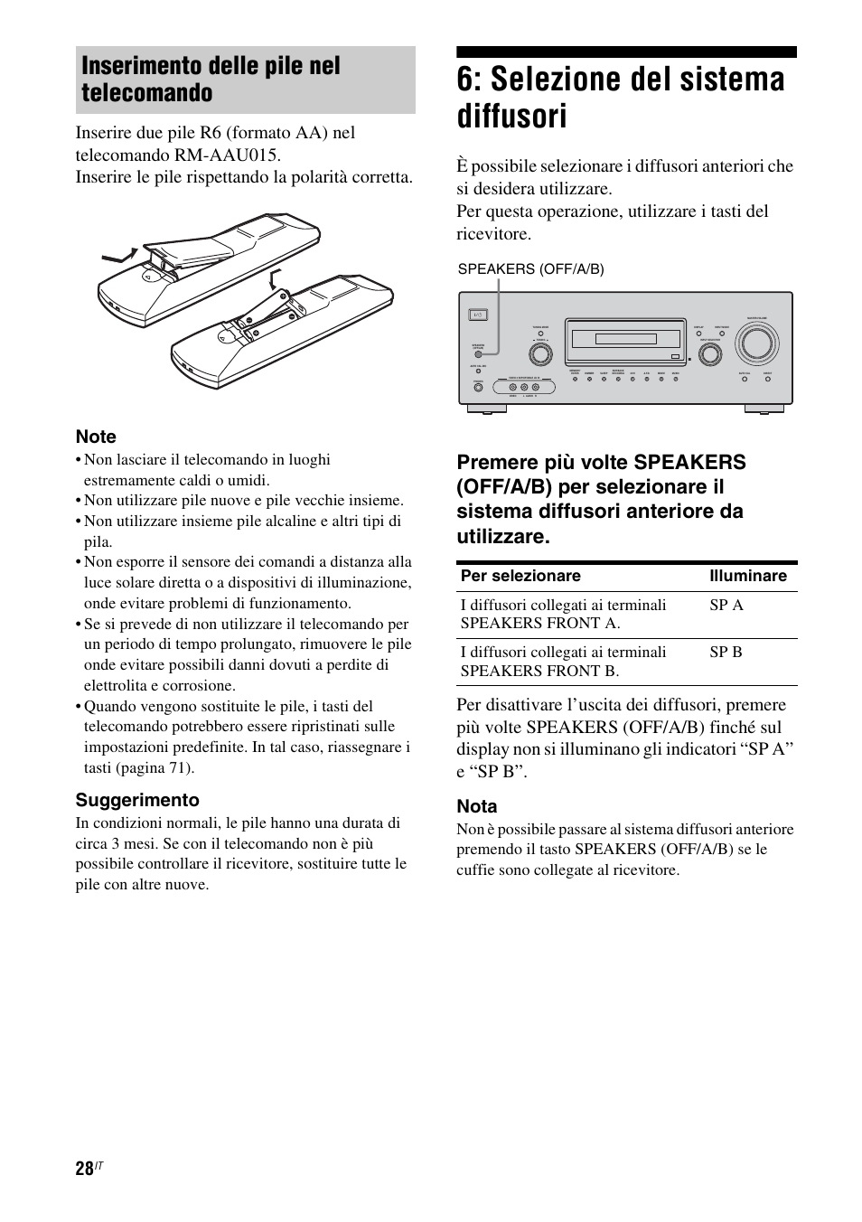 Selezione del sistema diffusori, Inserimento delle pile nel telecomando, Suggerimento | Speakers (off/a/b) | Sony STR-DG710 User Manual | Page 28 / 168