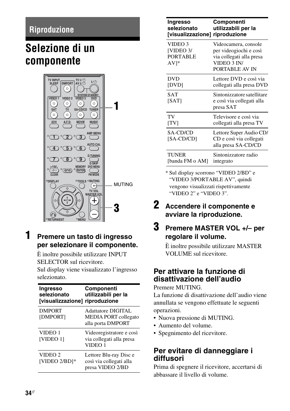 Riproduzione, Selezione di un componente, E 34 | Selezione di un componente 1, Per evitare di danneggiare i diffusori, Accendere il componente e avviare la riproduzione, Premere master vol +/– per regolare il volume | Sony STR-DG710 User Manual | Page 34 / 168