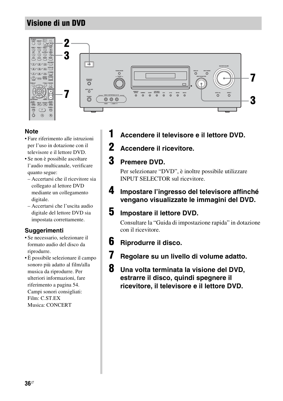 Visione di un dvd, Accendere il televisore e il lettore dvd, Accendere il ricevitore | Premere dvd, Impostare il lettore dvd, Riprodurre il disco, Regolare su un livello di volume adatto, Suggerimenti | Sony STR-DG710 User Manual | Page 36 / 168