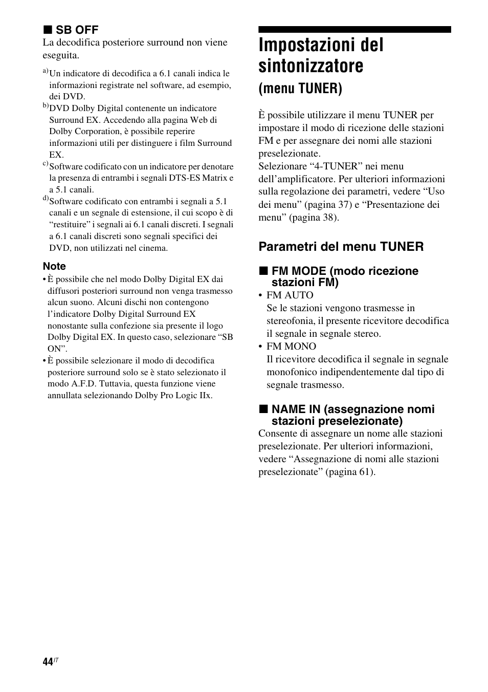 Impostazioni del sintonizzatore (menu tuner), Impostazioni del sintonizzatore, Menu tuner) | Parametri del menu tuner | Sony STR-DG710 User Manual | Page 44 / 168