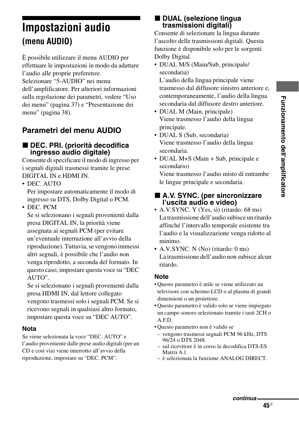 Impostazioni audio (menu audio), Impostazioni audio, Menu audio) | Parametri del menu audio | Sony STR-DG710 User Manual | Page 45 / 168