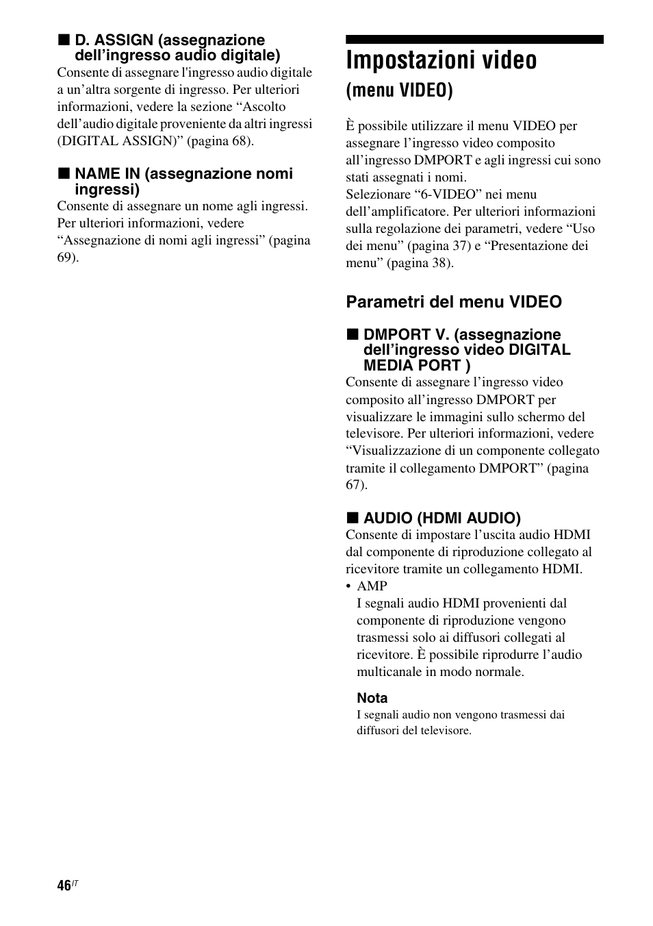 Impostazioni video (menu video), Impostazioni video, Menu video) | Sony STR-DG710 User Manual | Page 46 / 168