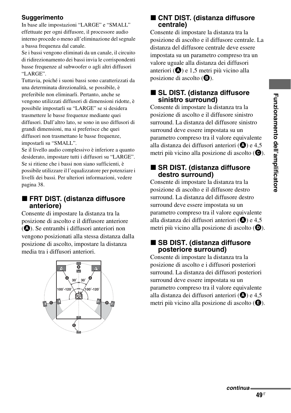 X frt dist. (distanza diffusore anteriore), X cnt dist. (distanza diffusore centrale), X sl dist. (distanza diffusore sinistro surround) | X sr dist. (distanza diffusore destro surround) | Sony STR-DG710 User Manual | Page 49 / 168