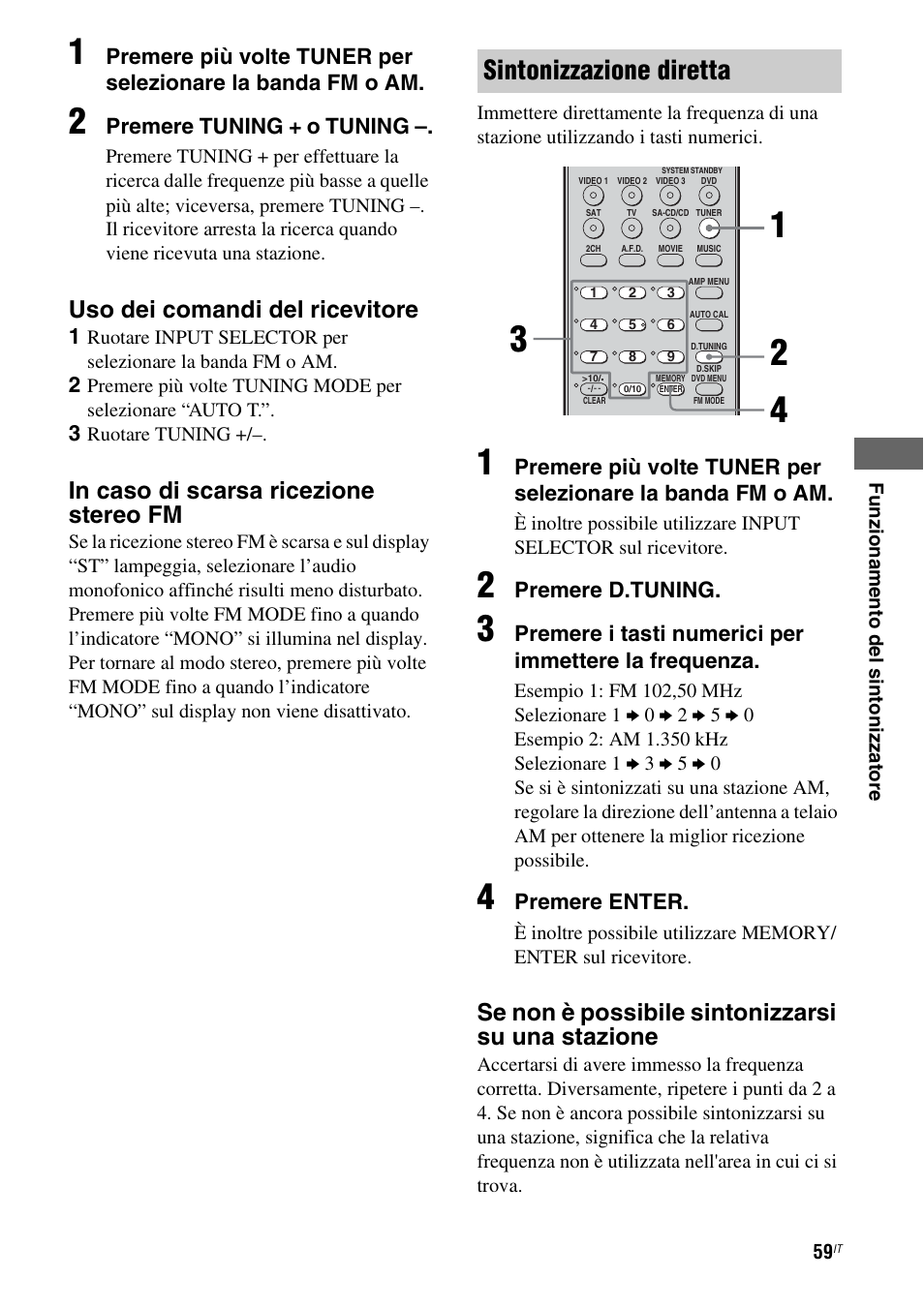 Sintonizzazione diretta, Uso dei comandi del ricevitore, Se non è possibile sintonizzarsi su una stazione | Sony STR-DG710 User Manual | Page 59 / 168