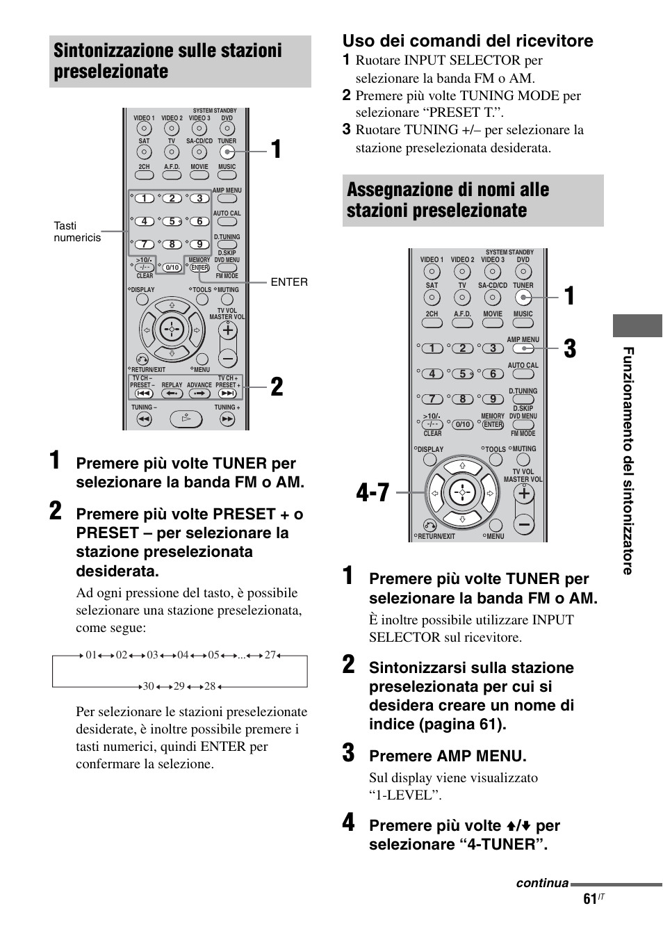 Sintonizzazione sulle stazioni preselezionate, Assegnazione di nomi alle stazioni preselezionate, Uso dei comandi del ricevitore | Premere amp menu, Premere più volte v / v per selezionare “4-tuner, Fu nzi onam e nto del sin toniz z a tore, Sul display viene visualizzato “1-level | Sony STR-DG710 User Manual | Page 61 / 168