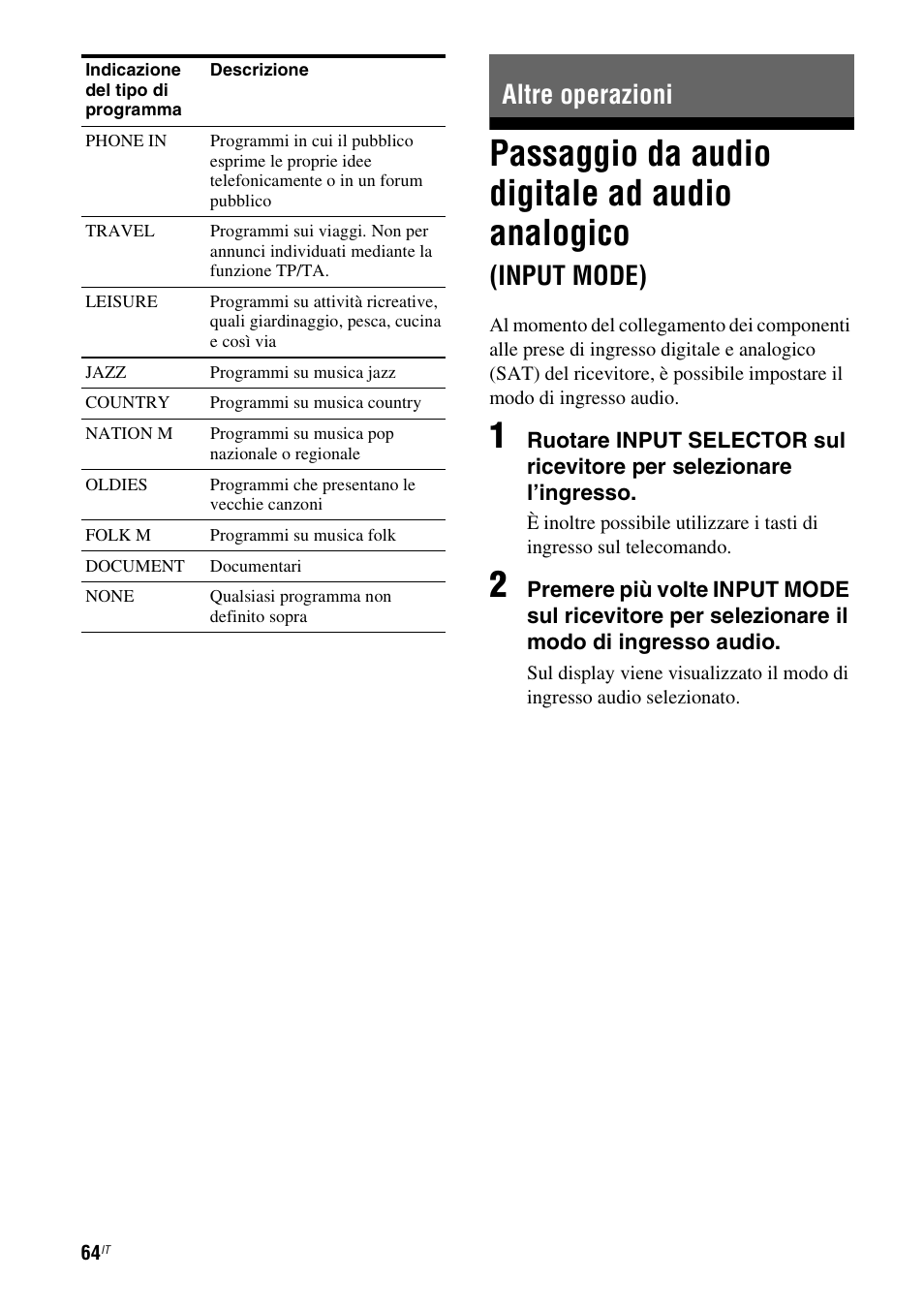 Altre operazioni, Passaggio da audio digitale ad audio, Analogico (input mode) | Passaggio da audio digitale ad audio analogico, Input mode) | Sony STR-DG710 User Manual | Page 64 / 168