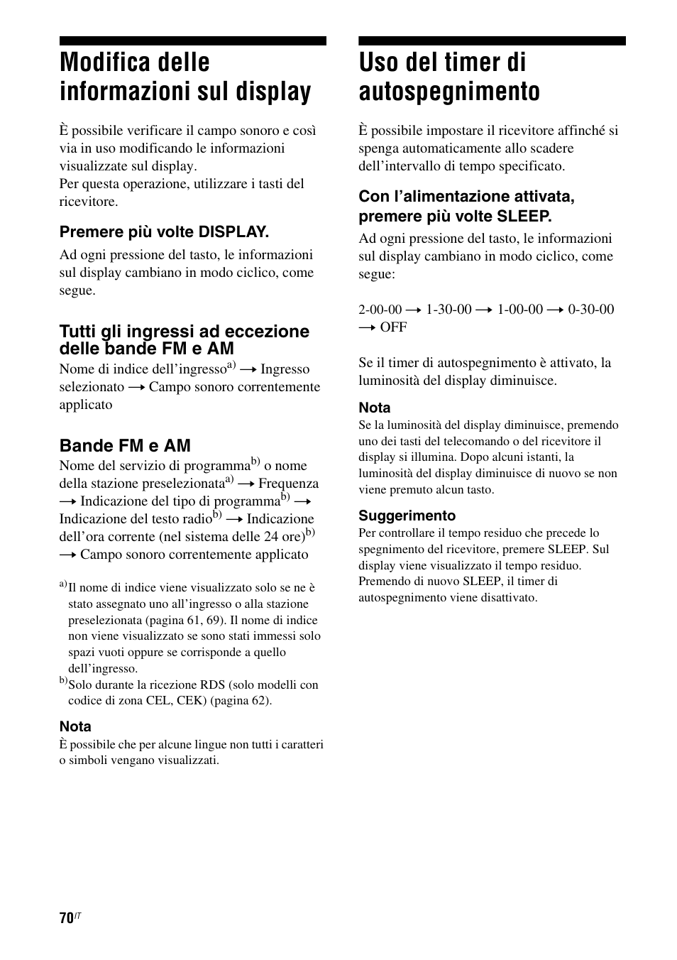 Modifica delle informazioni sul display, Uso del timer di autospegnimento, Bande fm e am | Sony STR-DG710 User Manual | Page 70 / 168
