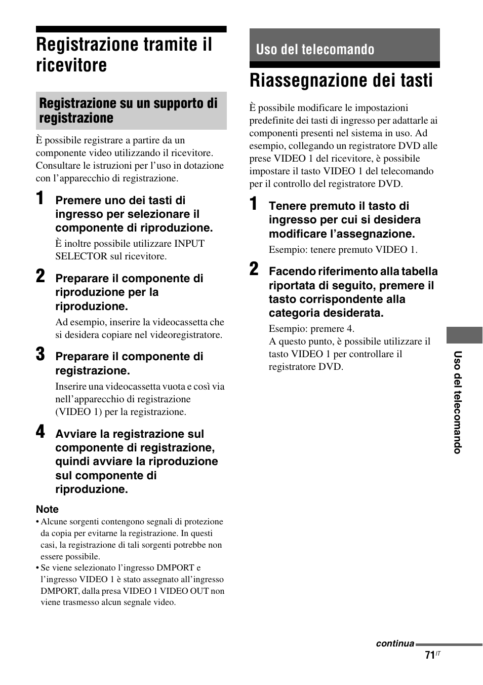 Registrazione tramite il ricevitore, Uso del telecomando, Riassegnazione dei tasti | Sony STR-DG710 User Manual | Page 71 / 168