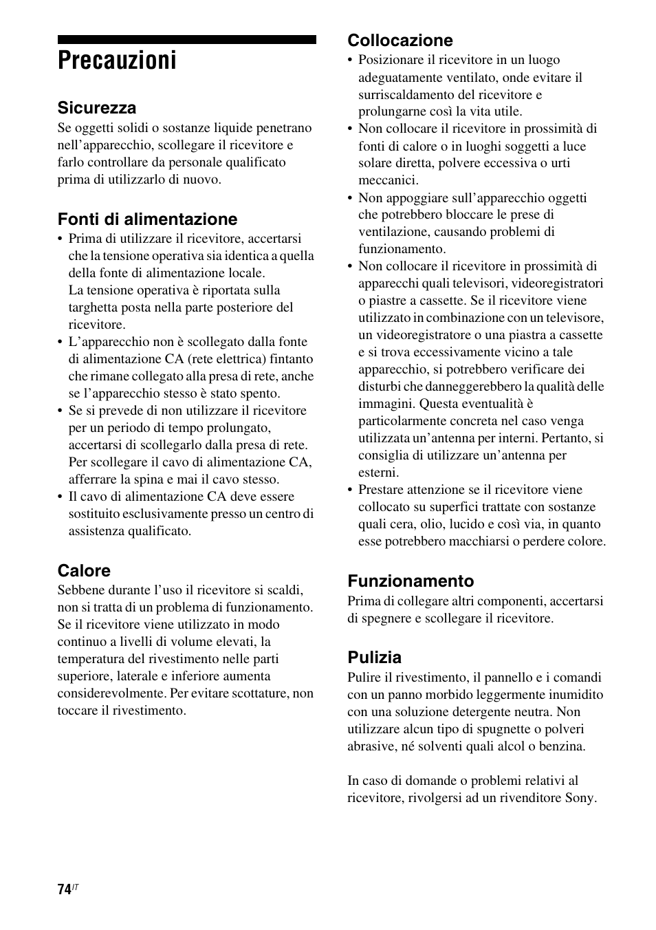 Precauzioni | Sony STR-DG710 User Manual | Page 74 / 168