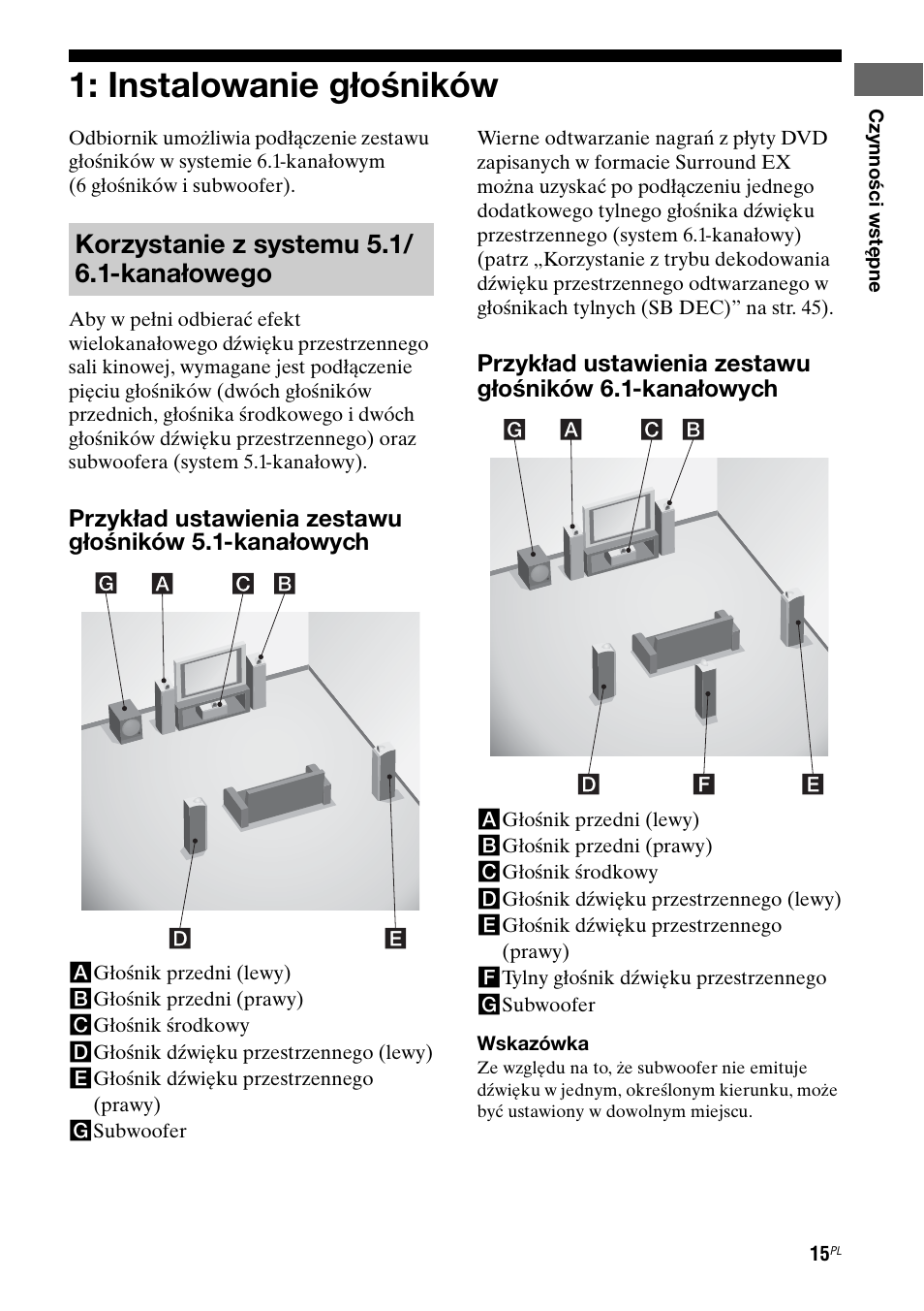 Instalowanie g¸oœników, Instalowanie głośników, Korzystanie z systemu 5.1/ 6.1-kanałowego | Sony STR-DG710 User Manual | Page 95 / 168