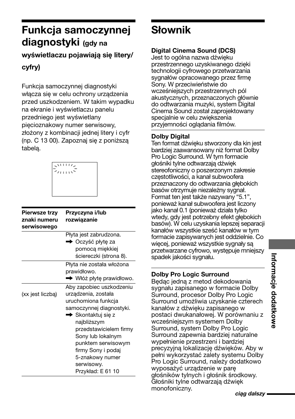 Słownik, Funkcja samoczynnej diagnostyki | Sony DAV-C700 User Manual | Page 489 / 496