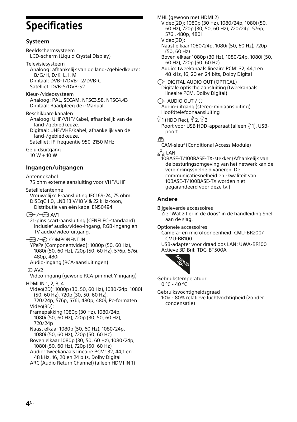 Specificaties | Sony KDL-46W905A User Manual | Page 16 / 92
