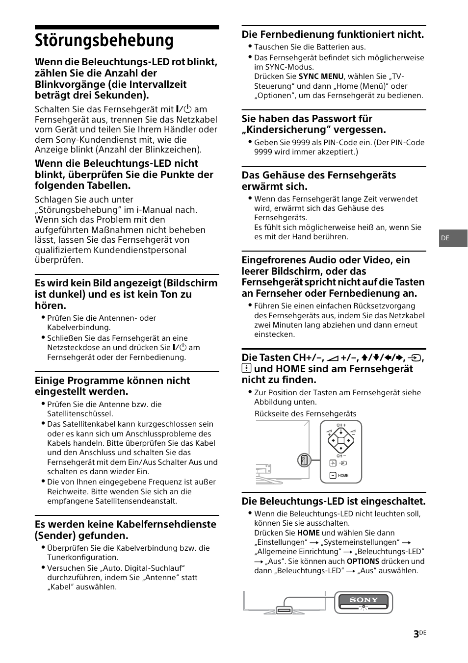 Störungsbehebung | Sony KDL-46W905A User Manual | Page 19 / 92
