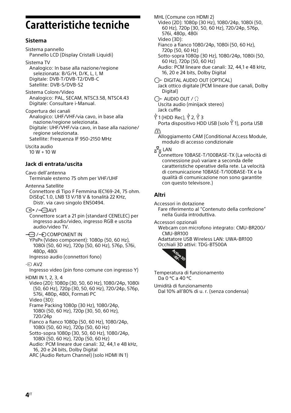Caratteristiche tecniche | Sony KDL-46W905A User Manual | Page 28 / 92