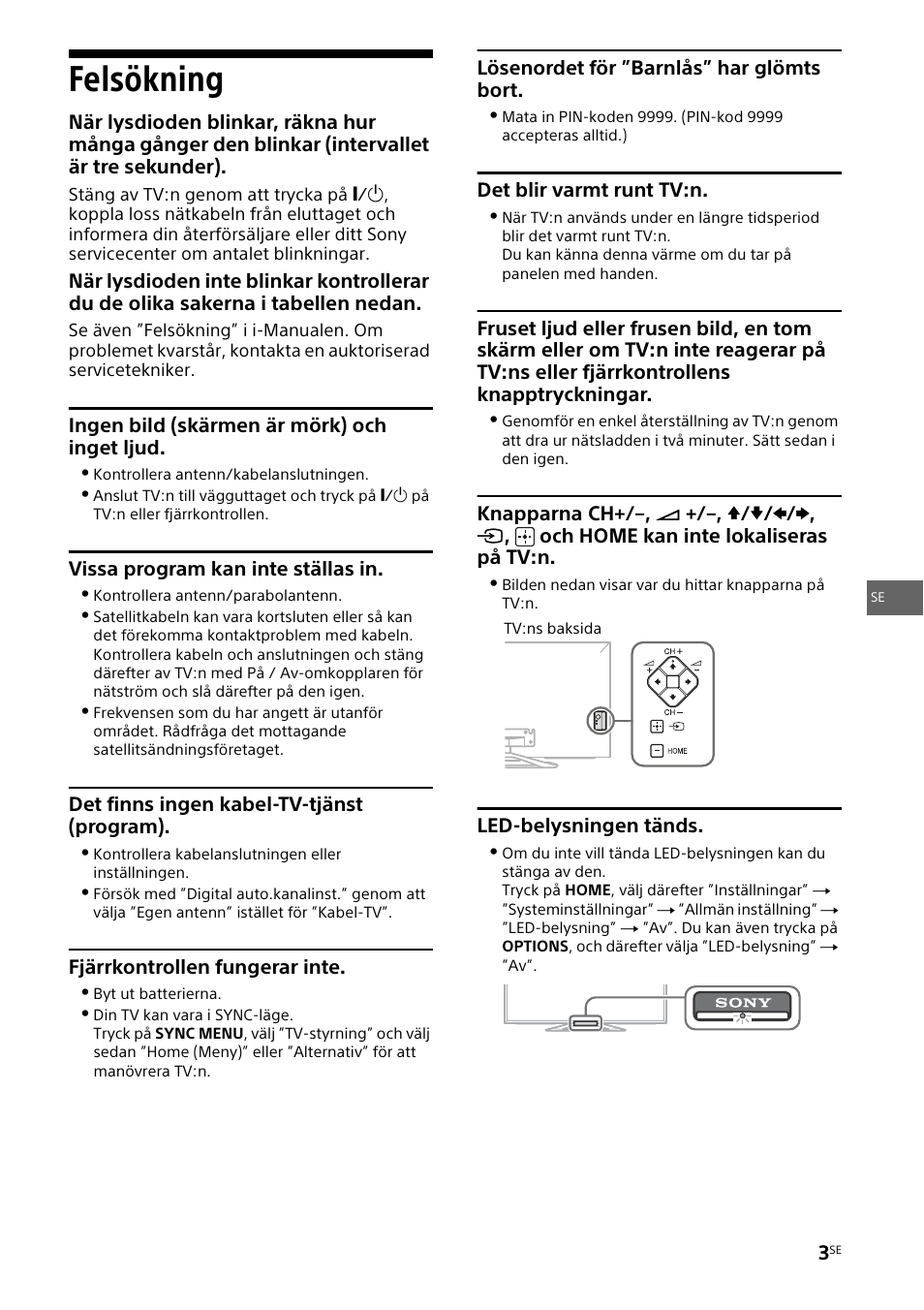 Felsökning | Sony KDL-46W905A User Manual | Page 33 / 92