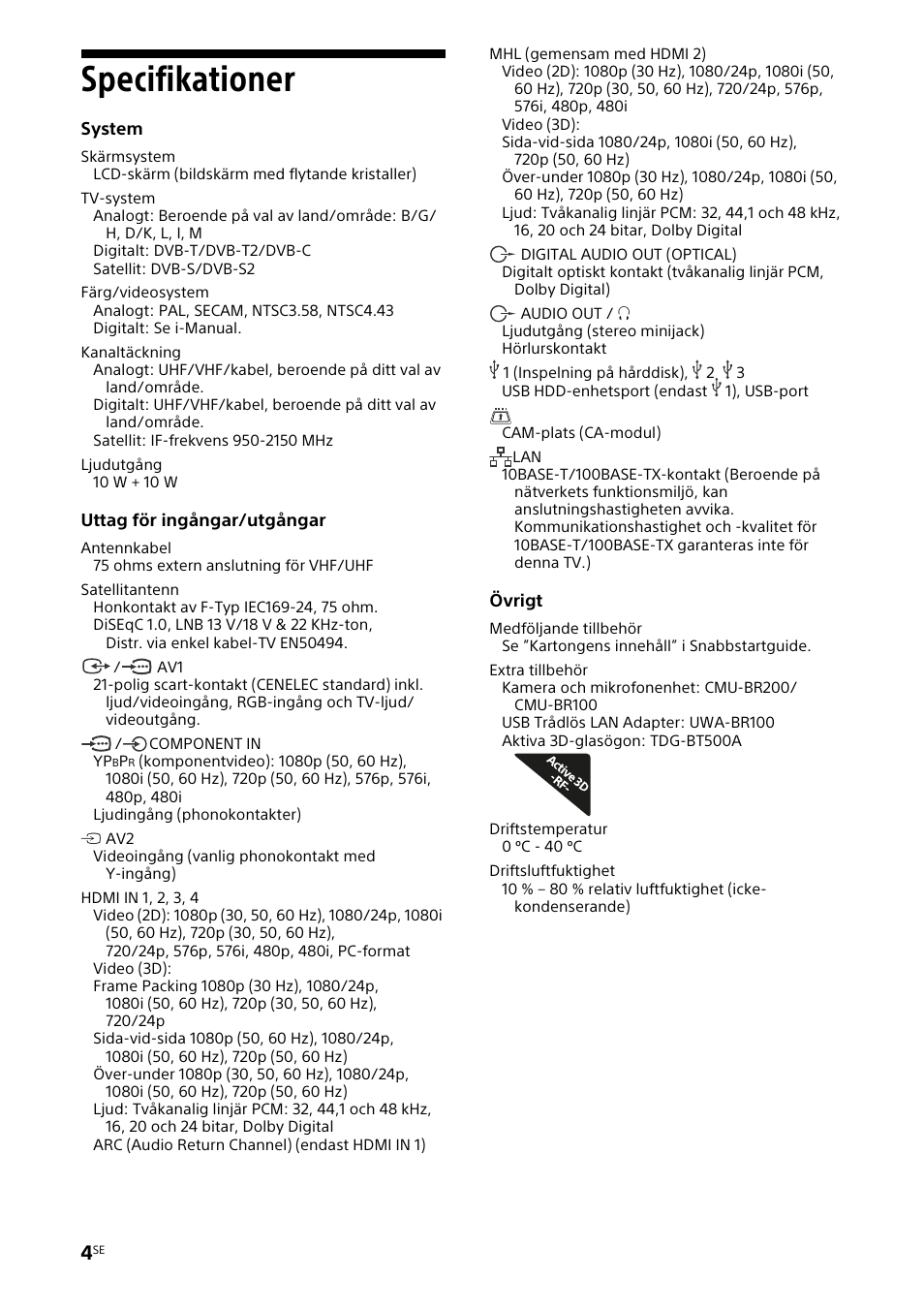 Specifikationer | Sony KDL-46W905A User Manual | Page 34 / 92