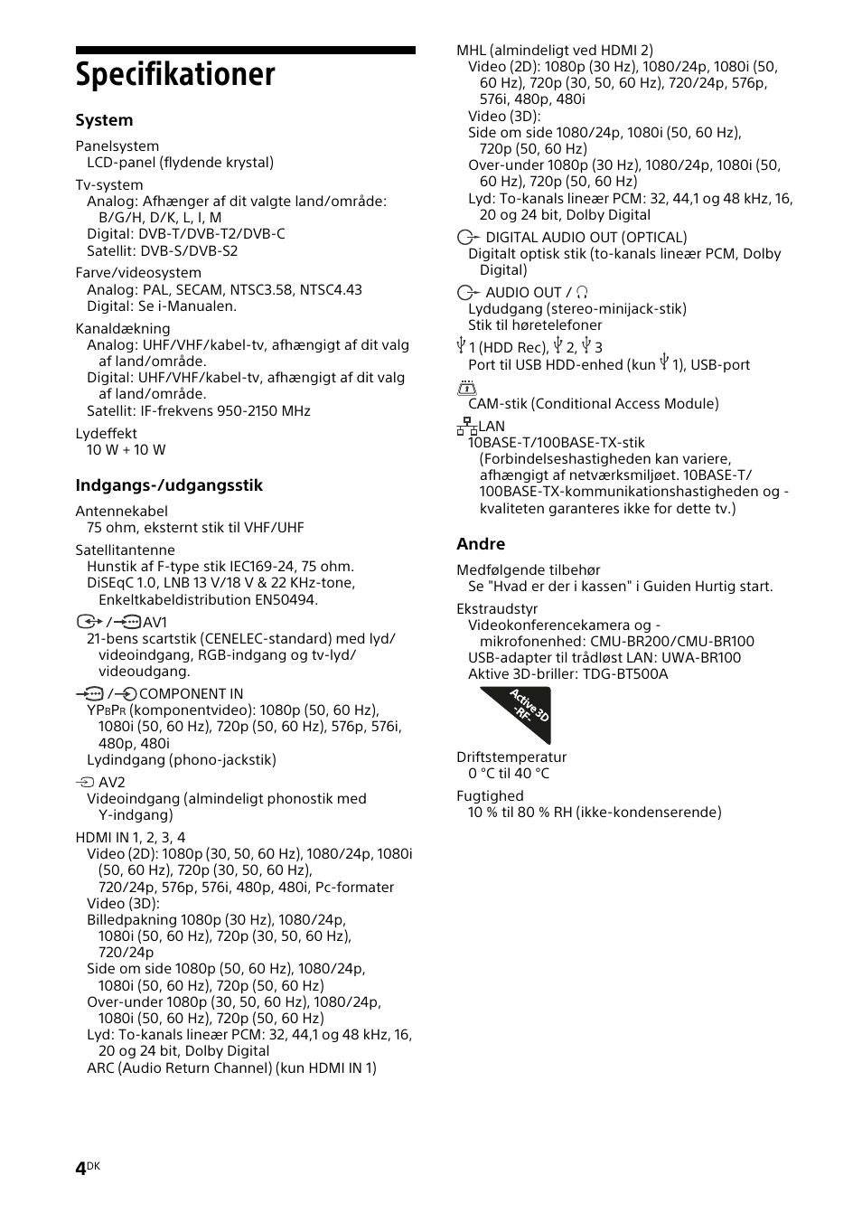 Specifikationer | Sony KDL-46W905A User Manual | Page 38 / 92
