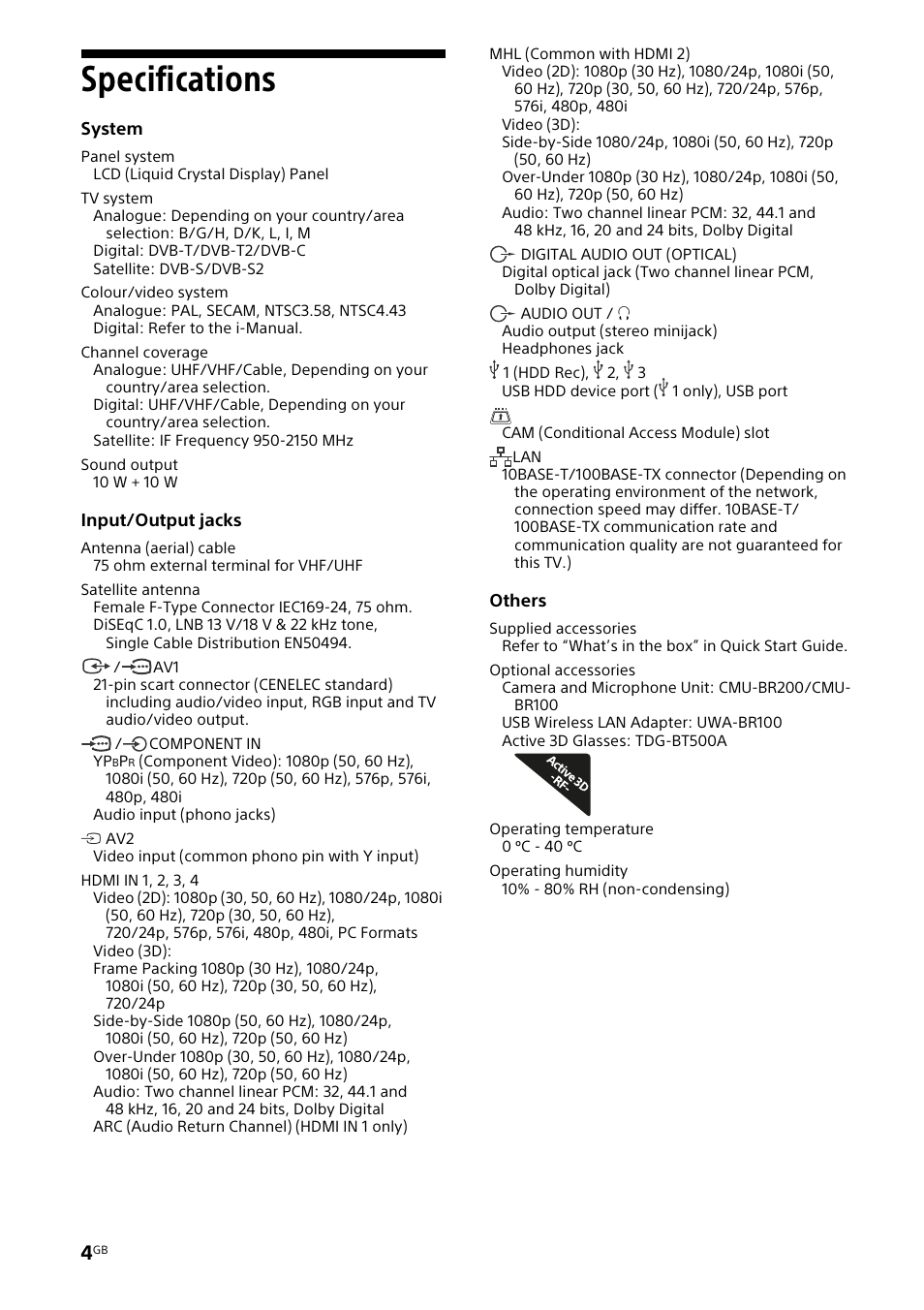 Specifications | Sony KDL-46W905A User Manual | Page 4 / 92