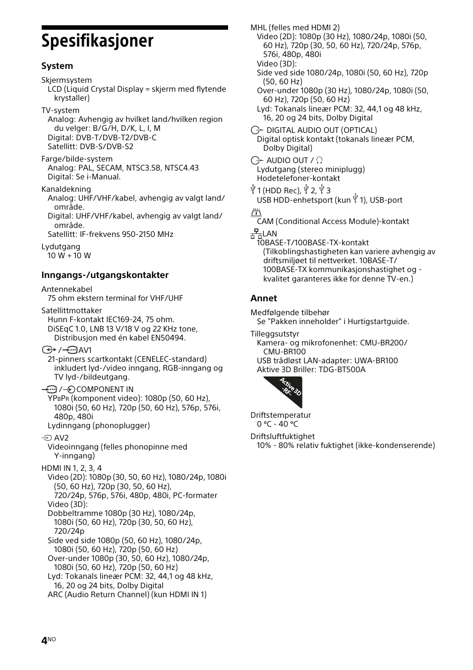 Spesifikasjoner | Sony KDL-46W905A User Manual | Page 46 / 92