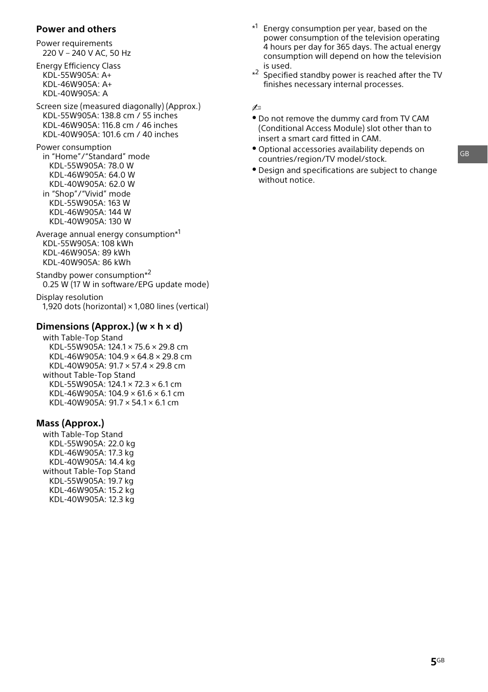 Sony KDL-46W905A User Manual | Page 5 / 92