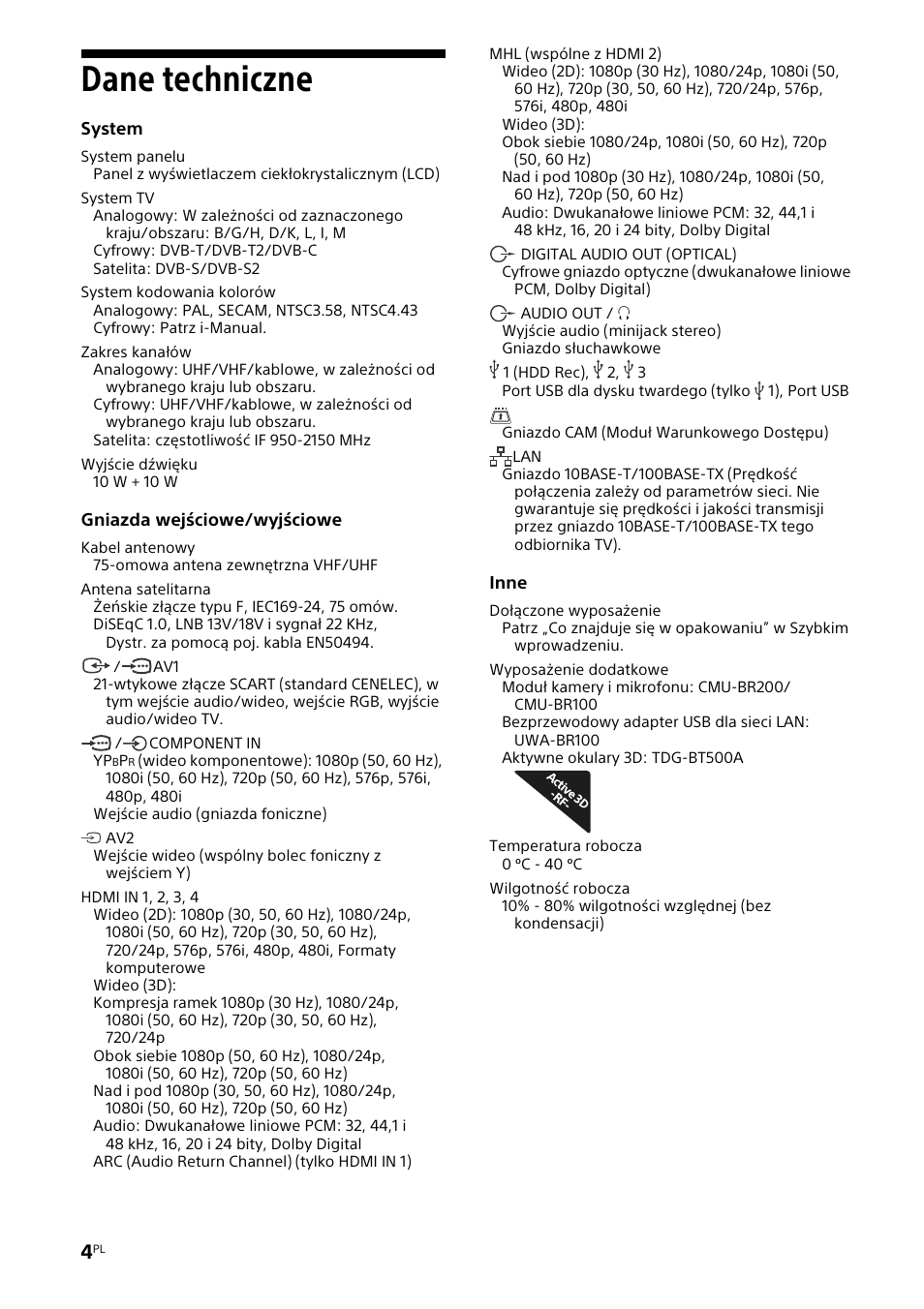 Dane techniczne | Sony KDL-46W905A User Manual | Page 50 / 92