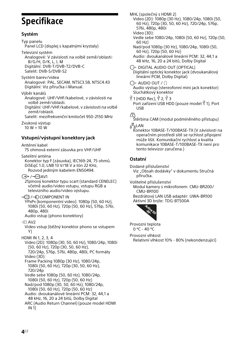 Specifikace | Sony KDL-46W905A User Manual | Page 54 / 92