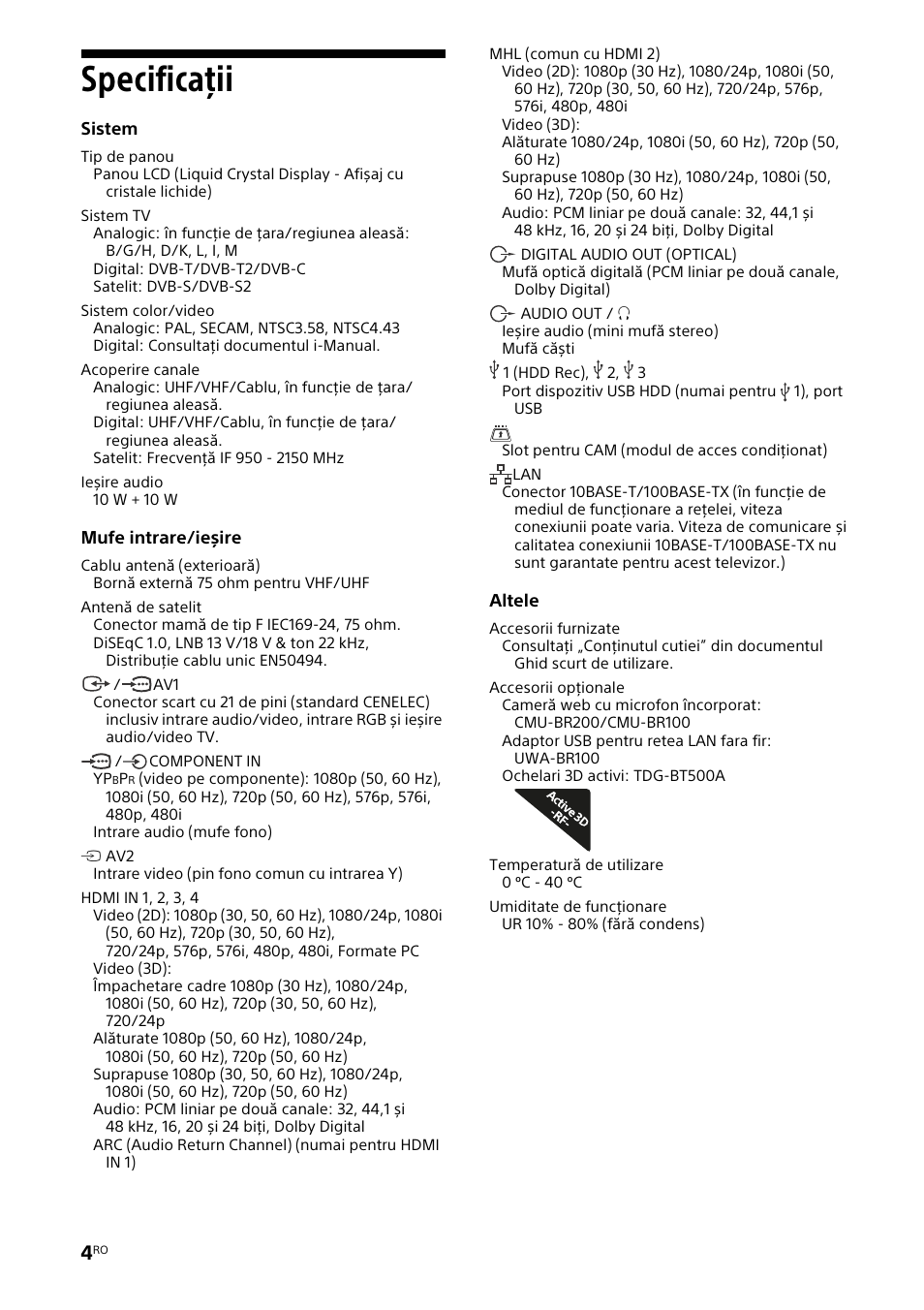 Specificaţii | Sony KDL-46W905A User Manual | Page 66 / 92
