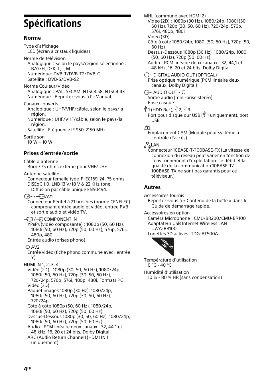 Spécifications | Sony KDL-46W905A User Manual | Page 8 / 92