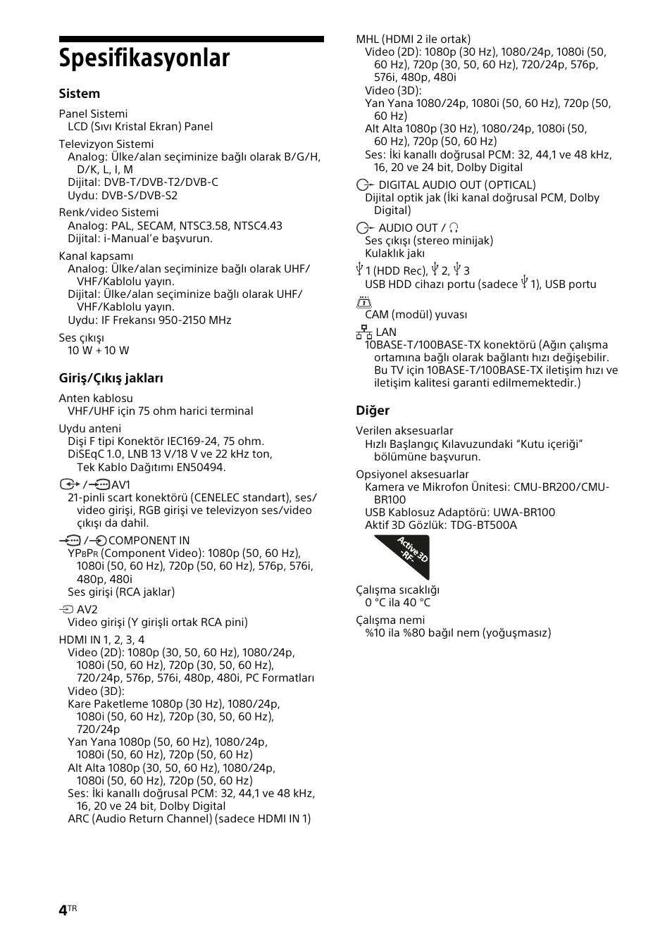Spesifikasyonlar | Sony KDL-46W905A User Manual | Page 80 / 92