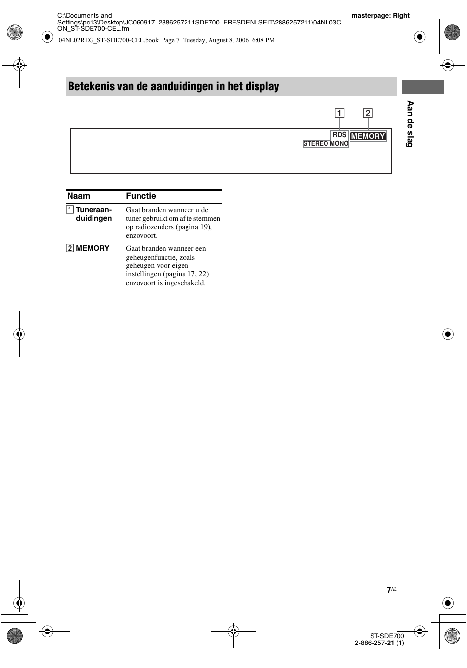 Betekenis van de aanduidingen in het display | Sony ST-SDE700 User Manual | Page 103 / 192