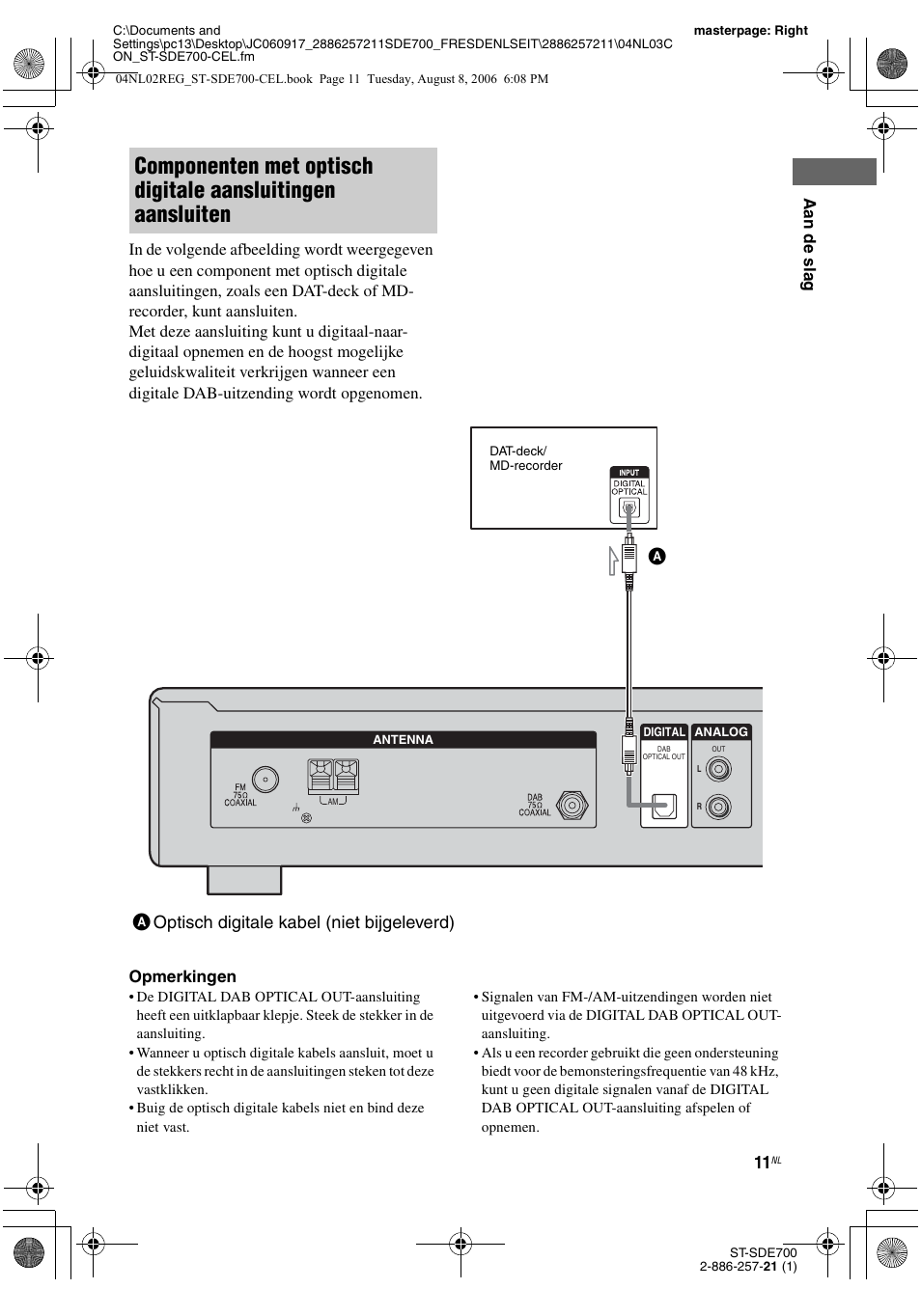 Aoptisch digitale kabel (niet bijgeleverd) | Sony ST-SDE700 User Manual | Page 107 / 192