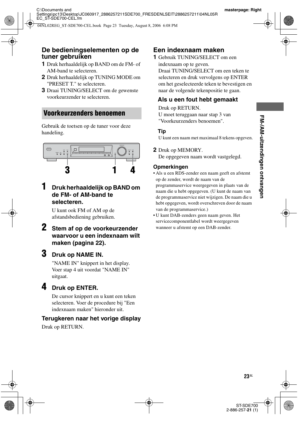 Voorkeurzenders benoemen, De bedieningselementen op de tuner gebruiken, Een indexnaam maken | Sony ST-SDE700 User Manual | Page 119 / 192