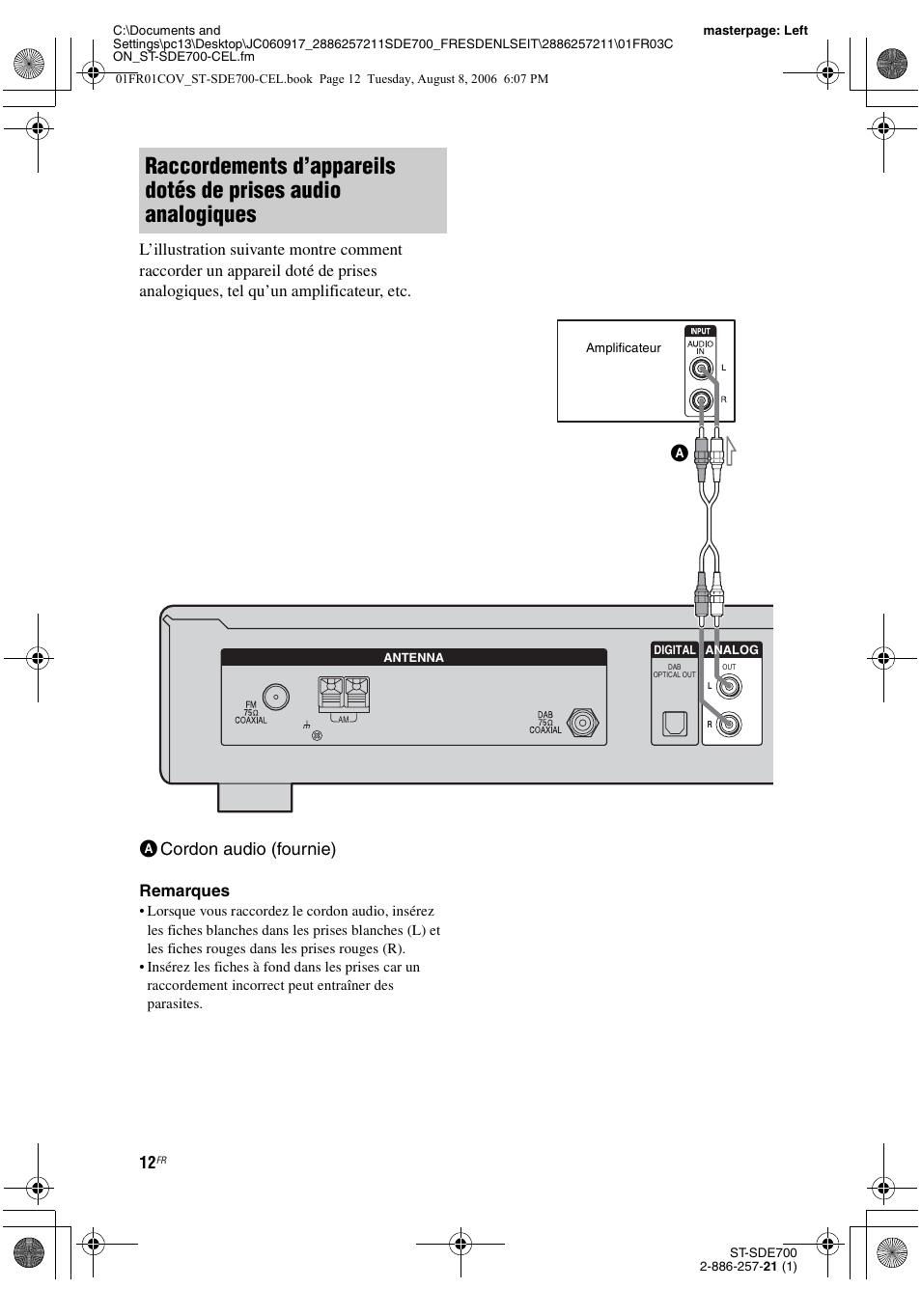 Acordon audio (fournie) | Sony ST-SDE700 User Manual | Page 12 / 192