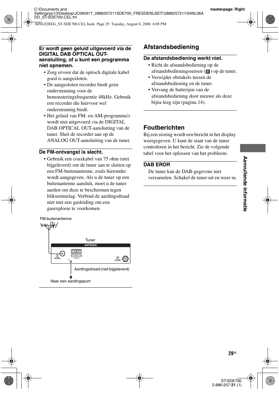 Afstandsbediening, Foutberichten | Sony ST-SDE700 User Manual | Page 125 / 192
