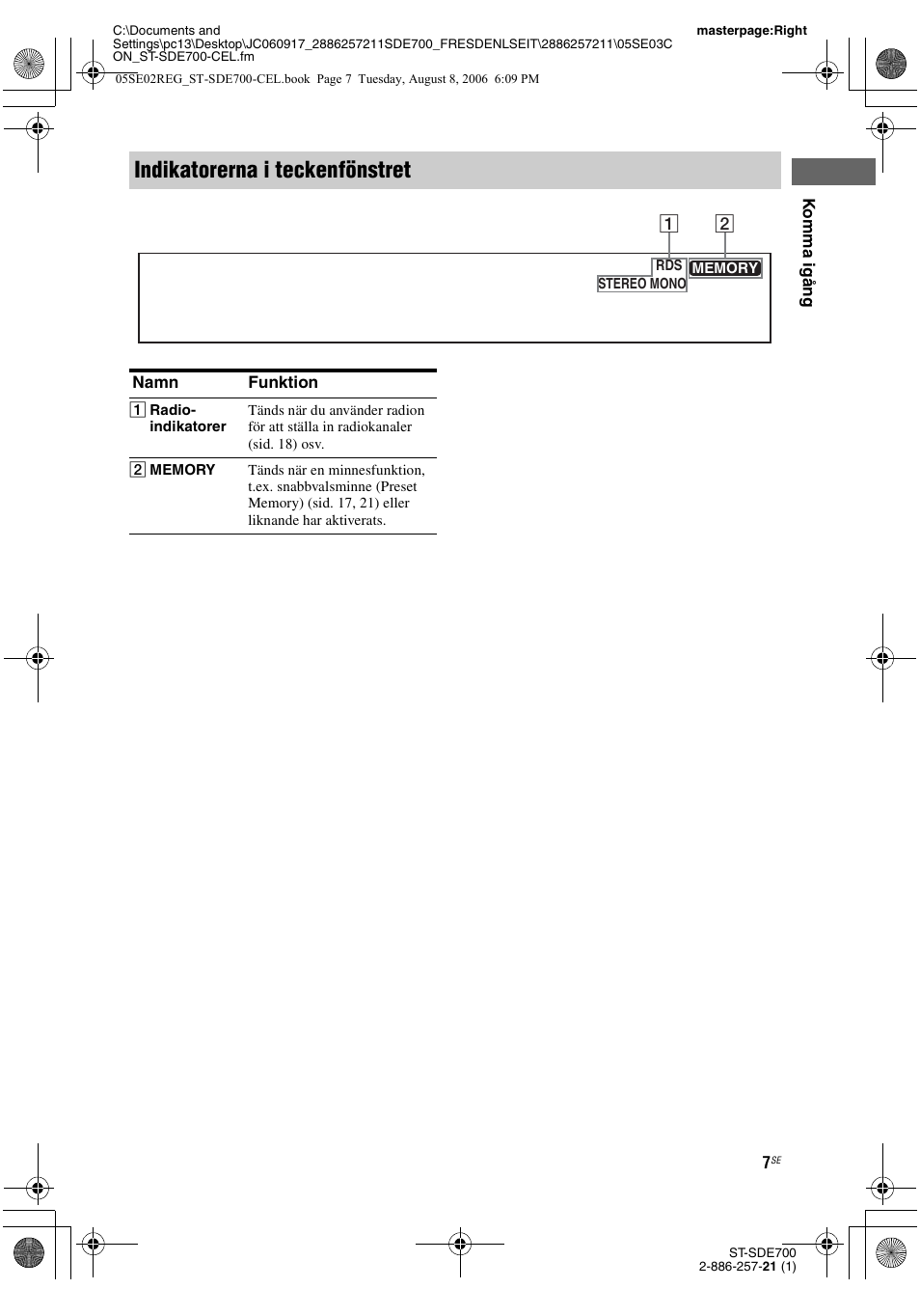 Sid. 7), Indikatorerna i teckenfönstret | Sony ST-SDE700 User Manual | Page 135 / 192