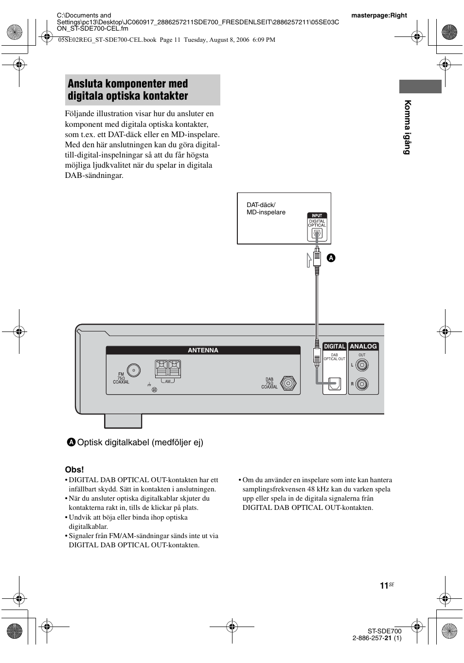 Ansluta komponenter med digitala optiska kontakter, Aoptisk digitalkabel (medföljer ej) | Sony ST-SDE700 User Manual | Page 139 / 192
