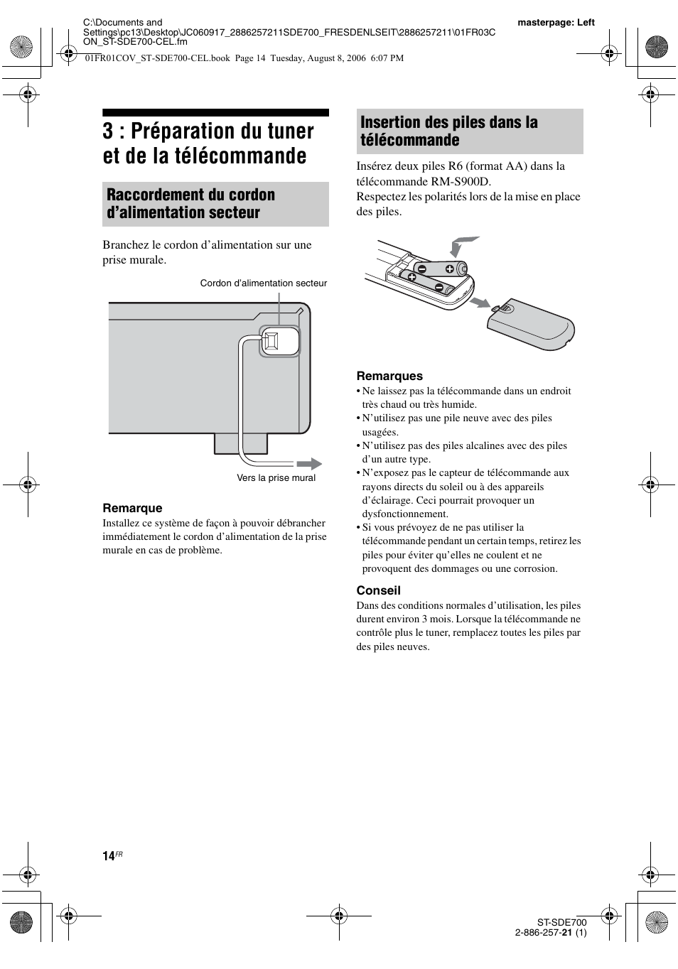 3 : préparation du tuner et de la télécommande, 3 : préparation du tuner et de la, Télécommande | Raccordement du cordon d’alimentation secteur, Insertion des piles dans la télécommande | Sony ST-SDE700 User Manual | Page 14 / 192