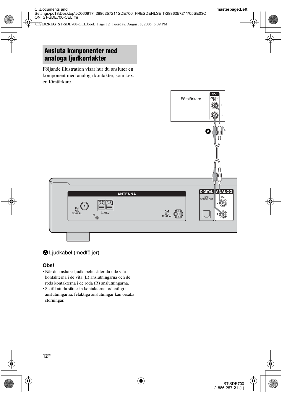 Sid. 12), Ansluta komponenter med analoga ljudkontakter, Aljudkabel (medföljer) | Sony ST-SDE700 User Manual | Page 140 / 192
