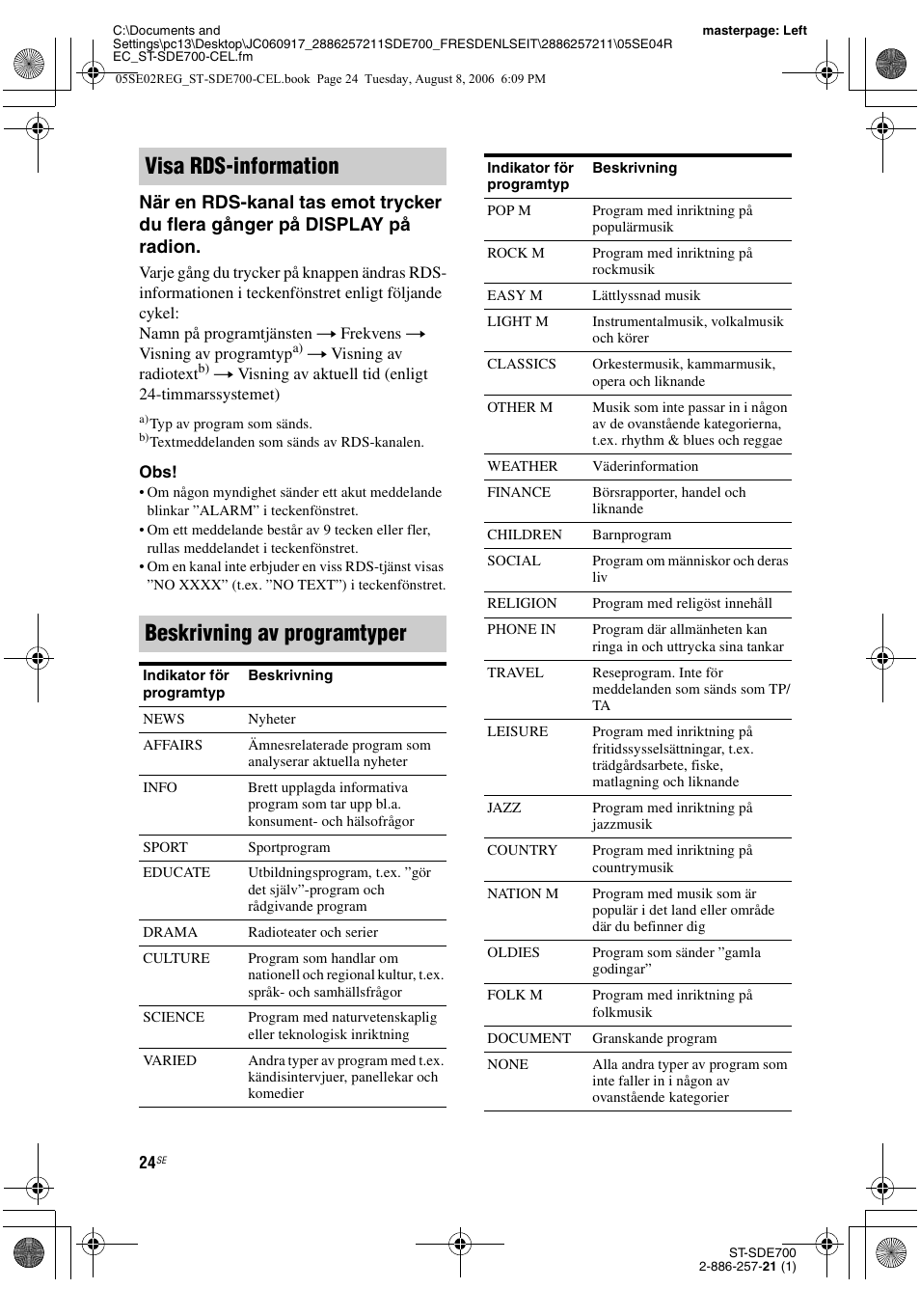 Visa rds-information beskrivning av programtyper | Sony ST-SDE700 User Manual | Page 152 / 192