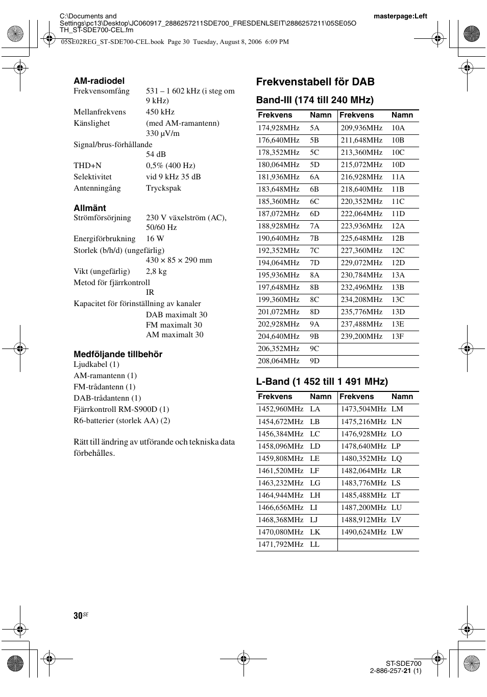 Frekvenstabell för dab | Sony ST-SDE700 User Manual | Page 158 / 192
