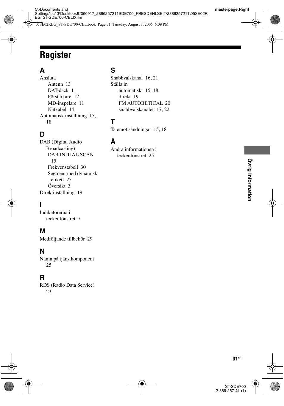 Register | Sony ST-SDE700 User Manual | Page 159 / 192