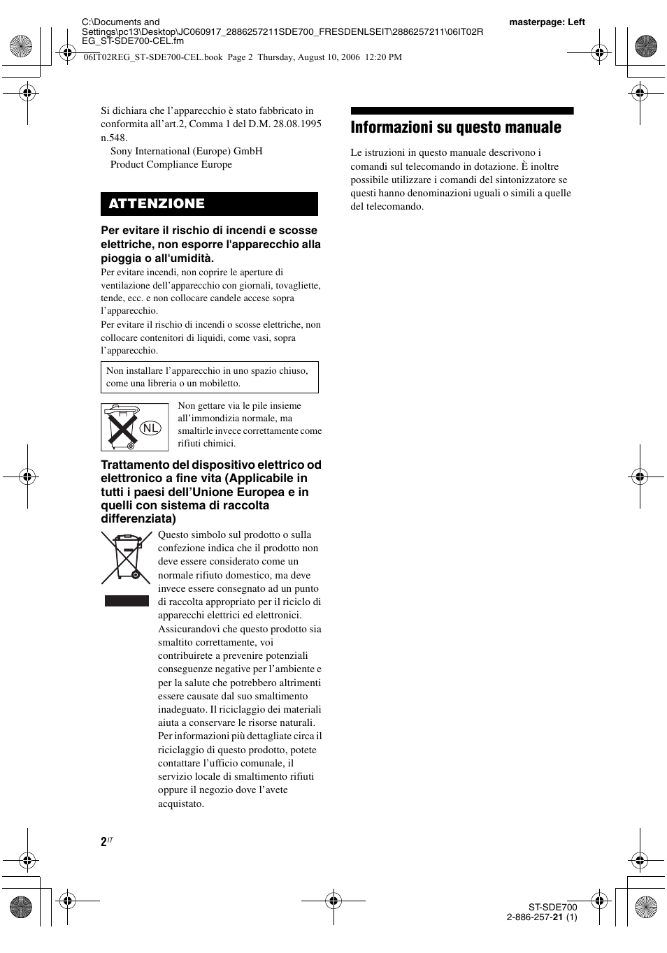 Italian, Informazioni su questo manuale, Attenzione | Sony ST-SDE700 User Manual | Page 160 / 192