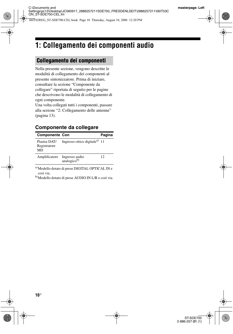 Collegamento dei componenti audio, Collegamento dei componenti, Componente da collegare | Sony ST-SDE700 User Manual | Page 168 / 192